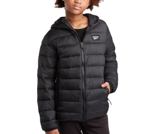 Image of Reebok Boys Winter Coat - Lightweight Insulated Puffer Jacket - Wind & Water Resistant Quilted Hooded Winter Jacket for Boys, Size 10-12, Black