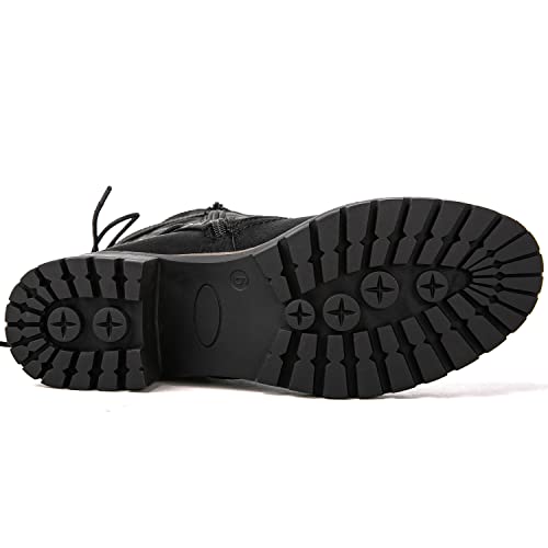 Image of GLOBALWIN Women's Biker Boots Lace up Back Mid Calf Motorcycle Fashion Festival Boots Combat Riding Military Boots for Women