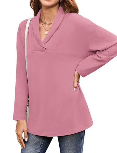 Image of Women's Long Sleeve Tops Fall Shawl Neck Tunic Tops for Leggings Casual Blouse Sweatshirt