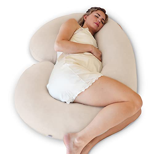 Pharmedoc Pregnancy Pillows, C-Shape Full Body Pillow – Jersey Cover Beige – Pregnancy Pillows for Sleeping – Body Pillows for Adults, Maternity Pillow and Pregnancy Must Haves, New Mom Gifts
