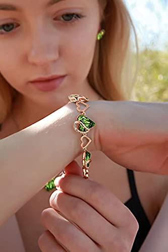 Leafael 18K Rose Gold Plated Love Heart Link Bracelet With Malachite Fern Green Healing Stone Crystal For Nature, Jewelry Gifts For Women, 7" Chain + 2" Extender #TOP4
