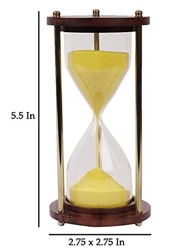 Image of Wooden and Brass Multi Color Sand Timer Hour Glass Sandglass Clock Ideal for Exercise Tea Making Antique Nautical Decor Theme Height 5.5 Inches 5 Minutes (Yellow)