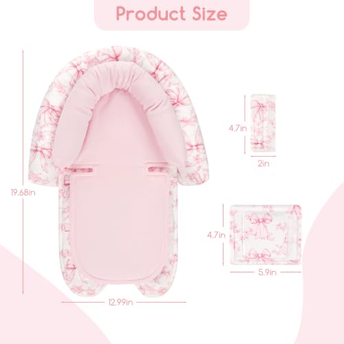 Image of Baby Car Seat Head Support for Newborn, 2 in 1 Infant Car Seat Head Body Support with Strap Pads, Soft Stroller Cushion Pillow Insert for Girls, Fits for Stroller, Swing, Pink Bow & Flowers