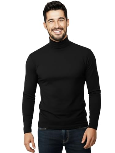 Image of LEOTUDE Men's Regular Fit Turtle High Neck Full Sleeve Cottonblend Solid Black T-Shirt