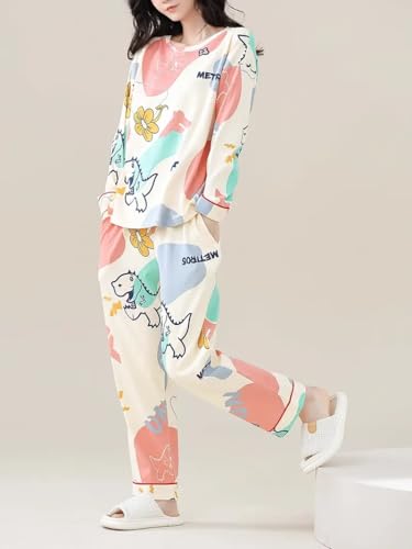 Image of Celary Women's Korean Night Suit Set | Round Neck Full Sleeve Top & Printed Ankle Length Pyjama | Skin-Friendly Fabric Soft Breathable Stretchable Loungewear | M to 2XL