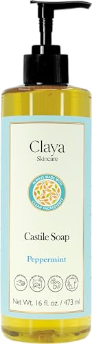 Claya Liquid Castile Soap Organic Ingredients, Biodegradable, Gentle for Sensitive Skin and Versatile Use (16 fl oz Pump Cap, Peppermint)