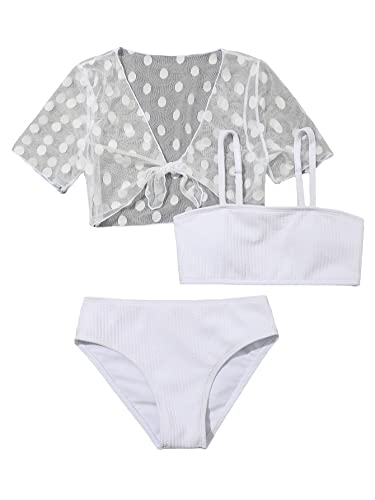 SHENHE Girl's 3 Piece High Waisted Ribbed Swimsuit Bathing Suit Bikini Sets with Cover Up