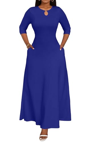 Image of FANDEE Women's Maxi Dress Casual Boho Plain Long Dresses 3 /4 Sleeve with Pockets