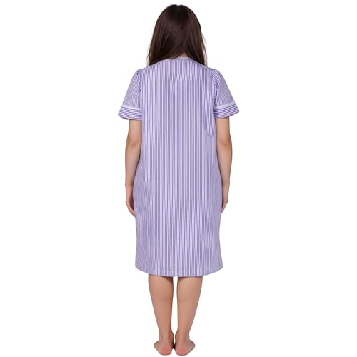 Image of Women's Short Sleeve Woven Snap-Front Closure Striped Embroidery Housecoat Duster Nightgown with Front Pockets