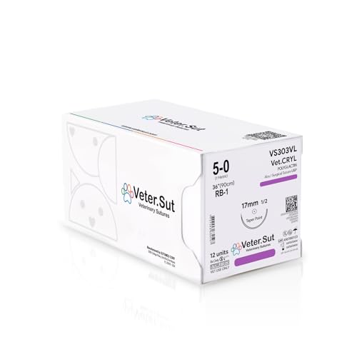 Image of VeterSut VetCRYL Absorbable Polyglactin Surgical Suture USP Size 5-0, (RB-1) 1 /2 17mm Taper Point Needle, 36 Inches (90 cm), 12 Count, Veterinary Use