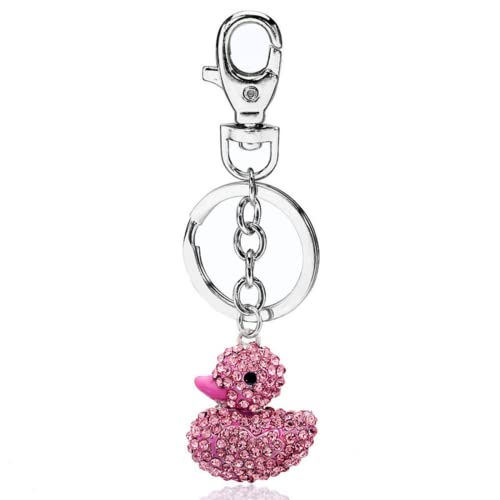 Cute Rubber Ducky Keychain Bling Pink Yellow Happy Rubber Duck Rhinestone Crystal Purse Keychain Jewelry Gift For Women-Pink