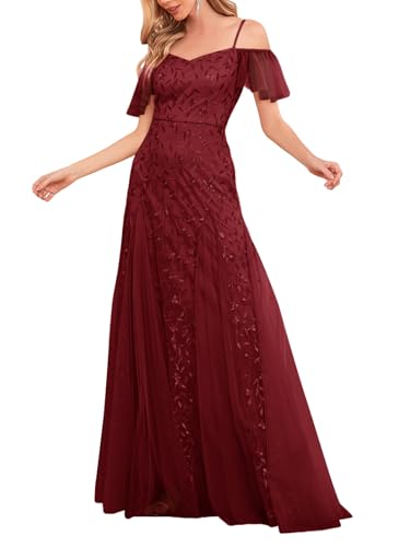 Women Spaghetti Strap Long Evening Party Gowns Off Shoulder Short Sleeves Sequin Tulle Formal Wedding Guest Dress