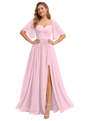 Image of IIF Women's Chiffon Bridesmaid Dresses for Wedding Flutter Sleeves Ruched A Line Long Formal Dress with Slit IIF149