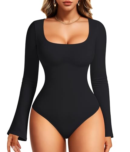 Nebility Black Long Sleeve Bodysuits for Women Tummy Control Shapewear Square Neck Body Suits Bell Sleeves(Large Black)