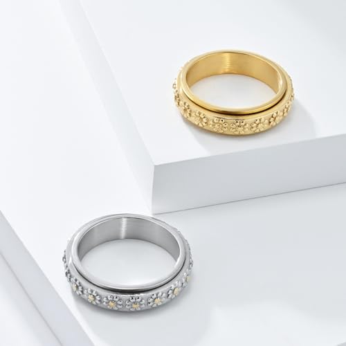 Women's Anxiety Ring 6MM Stainless Steel Spinner Ring Daisy Sunflower Pattern Wedding Band Fidget Tool4