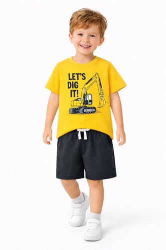 HILEELANG Toddler Boys 2-Piece T-Shirt and Shorts Set Soft Cotton Yellow LETS DIG IT Excavator Outfit with Charcoal Shorts Little Boys Summer Play Clothing 5T