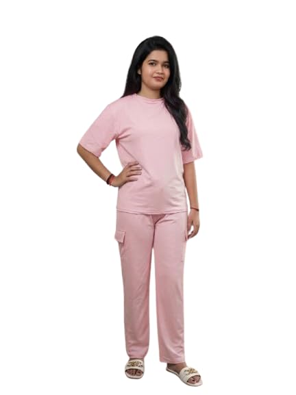 Women's Solid Pink Co-ord Set Half Sleeve T-shirt & Cargo Pants||Casual Half Sleeve T-Shirt and Cargo Pant|Stylish Ladies Cord Set|Latest Track Suit Round Neck|Strechable|True To L-XL-image-22