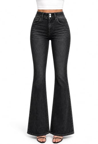 EMMIOL Low Rise Flare Jeans for Women Stretchy, Y2k Bell Bottoms Mid-Low Waisted Boyfriend Bootcut Flared Baggy Denim Pants Black,X-Large