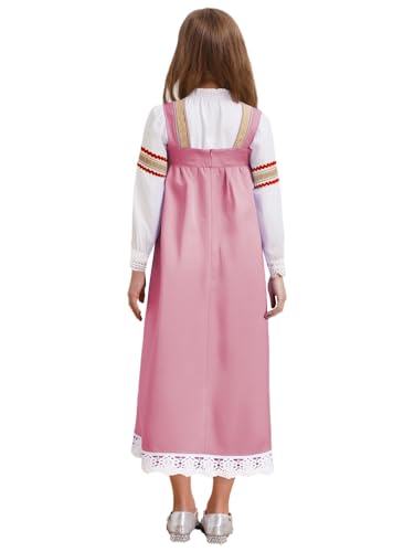 Child Girls Russian Ethnic Performance Dress Embroidered Blouse with Overalls and Headpiece White&Pink 14 Years2