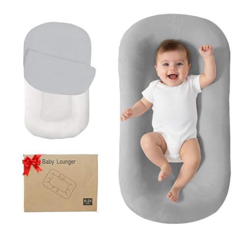 Image of Lucakuins Baby Lounger, Bionic Design Baby Lounger for Newborn 0-24 Months, Soft Organic Cotton Breathable Lounger for Infants (Grey Newborn Lounger)