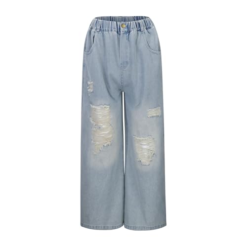 Boys Jeans Distressed Baggy Wide Leg Straight Trousers Elastic Waist Loose Cargo Denim Pants with Pockets 2-11 Y3