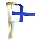 QQSD Finland Small Flag Finnish Stick Mini Hand Held Flags - Solid Wooden Pole with Spear Top, 12 Pack