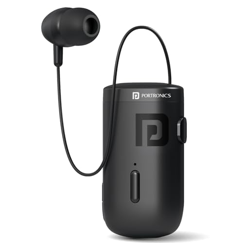 Image of Portronics Harmonics Klip 6 Retractable Bluetooth Calling Earphone with Upto 30 Hour Playback, Vibration Prompt, Strong Clip, HD Clarity Mic, Bluetooth V5.3, Type C Fast Charging(Black)