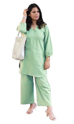 Image of Femezone Women Cotton slub Co-ord Kurta and Pant Set (FEM22230610-01-Vcord)