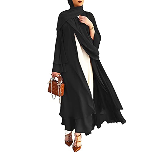 Sterose Women Muslim Long Sleeve Flowy Maxi Cardigan Islamic Open Front Kimono Abaya Robe Turkey Kaftan Solid Color Belted Loose Dubai Cover Up Dress