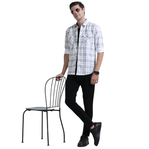 Image of Rocket Science Men's Cotton Blend Slim Fit Double Pocket Checked Casual Shirt.
