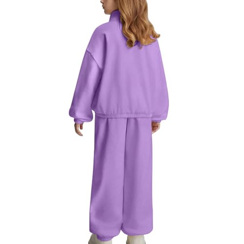 Girls Half Zipper Sweatshirts Set Plain Fleece 2 Piece Baggy Sweatpants Pullover Tops Sweatsuits (Purple, 8-9 Years)2