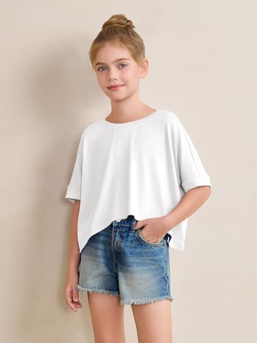 Haloumoning Girls Oversized Crop T Shirts Kids Summer Crewneck Batwing Half Sleeve Tops Tees 5-14 Years2