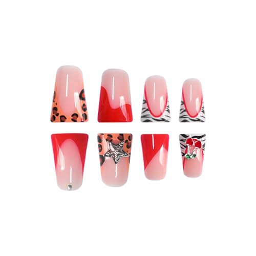 Image of NBNTGH Red French Tip Glue On Nails Leopard Print 24Pcs Glossy Reusable Artificial Acrylic Full Cover False Nails