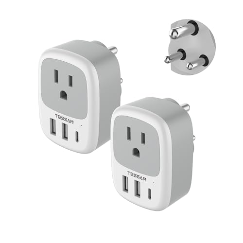 2 Pack US to India Plug Adapter TESSAN Type D Travel Adapter with 1 Electrical Outlet 3 USB Ports (1 USB C) Power Outlet Adaptor for USA to India Nepal Maldives Pakistan Bangladesh Kuwait Yemen
