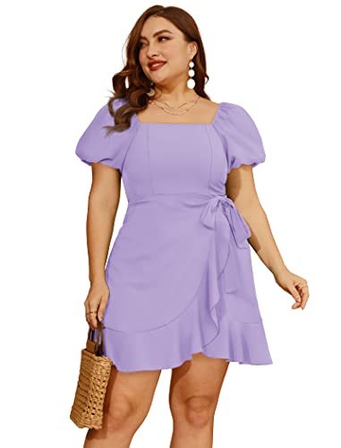 Image of Sampeel Womens Summer Dresses Square Neck Puff Sleeve Tie Waist Short Dress