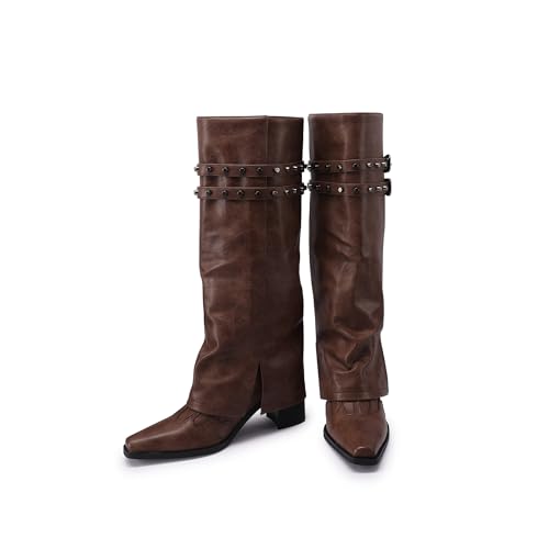 JANSEVEN Fold Over Boots for Women Overlay Knee High Boot Chunky Block Mid Heel Pull On Tall Boots Foldover Wide calf Boots4