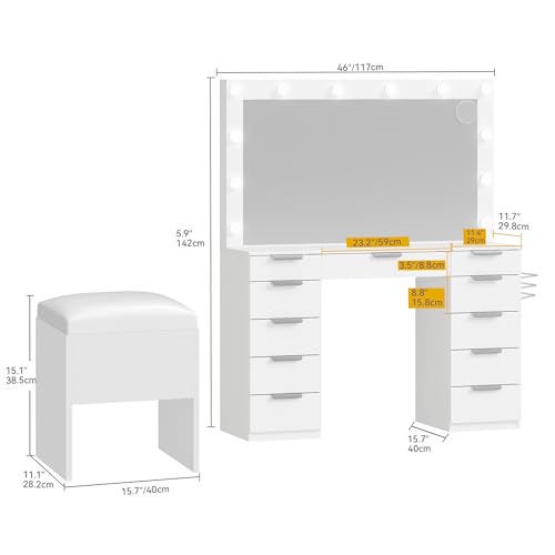 Image of DWVO Makeup Vanity Desk, 46 inch Vanity Desk Set with Mirror and Lights, 11 Storage Drawer, Power Outlet, Chair, Makeup Table Set with Magnifying Glass