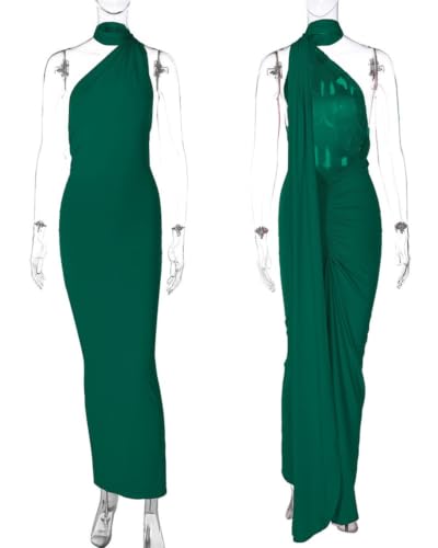 Image of Suillty Women's Sexy Oblique Shoulder Backless Maxi Dress Ruched Back Strap Sleeveless Party Club Long Dresses Bodycon