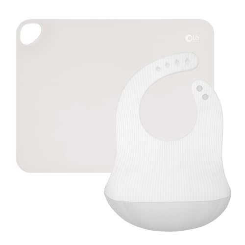 Olababy Fold N Go Silicone Placemat w Travel Case (Pearl) + Olababy Fold N Go Silicone Baby Bib w Travel Case (Pearl)
