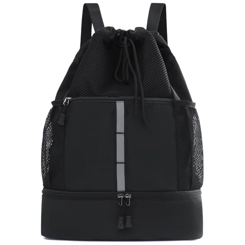 Drawstring Backpack Bag, Waterproof Sports Gym Bag with Shoes Compartment and Wet Proof Pocket, Water Bottle Holder Pockets, Mesh Cinch String Backpack for Sports, Swimming, Men Women (Black)