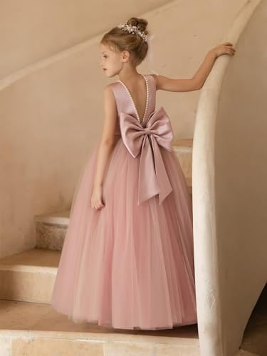 JISISANG Pearls Flower Girl Satin Tulle Dress for Wedding Kids Princess Pageant First Communion Dress with Bow Knot3