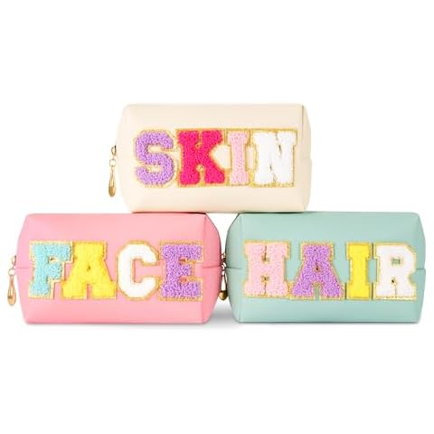 JHVW 3 Pcs Preppy Makeup Bag, Travel Cosmetic Bag, PU Leather Waterproof Toiletry Bag, Cute Pouch for Teen Girls & Women Cover