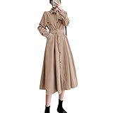 [Ｍｉｎｅｓａｍ] ロングワンピース レディース シャツワンピース 長袖 ウエストリボン付き ミモレ丈 Aライン 体型カバー 2WAY 春秋 おしゃれ カジュアル 通勤 (カーキ,S)