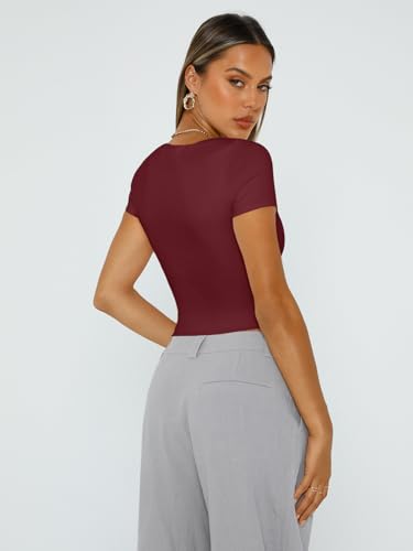 Trendy Queen Short Sleeve Shirts for Women Double Lined Square Neck Cute Going Out Crop Tops Spring Summer Teens Basic Tees