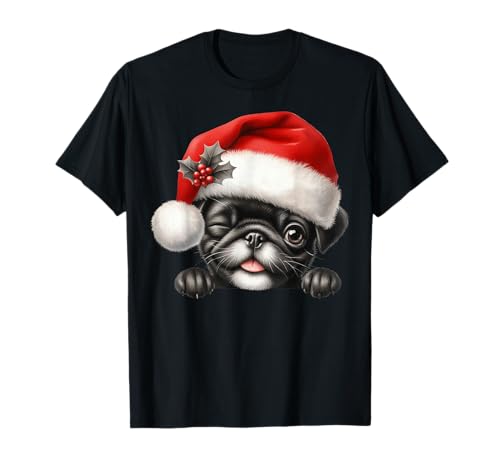 Weihnachtsmütze mit Mops-Motiv, Schwarz T-Shirt