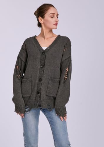 Women's Distressed Ripped Cardigan Sweater V Neck Button Down Long Sleeve Slouchy Pullover Knit Sweater3