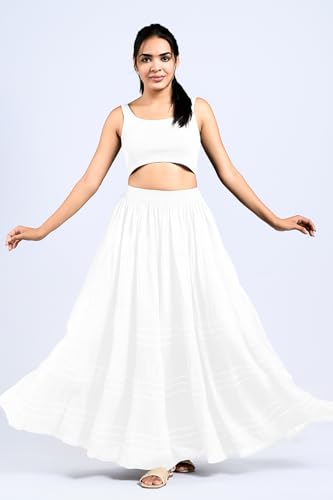 Image of Y X S Women's Rayon Flared Long Skirt with Gotta Lace Work | Free Size Ethnic Maxi Skirt for Festive, Party, Wedding, Casual Comfortable Flowy Skirt for Girls & Women White