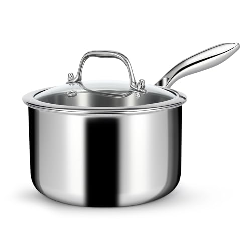 EWFEN 3 Ply Stainless Steel Saucepan with Lid 2 Quart Multipurpose Cooking Pot Stay-Cool Handle Induction Oven Dishwasher Safe 2 QT