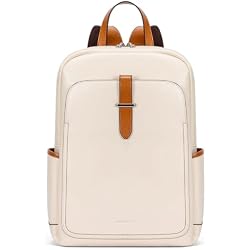 BOSTANTEN Leather Laptop Backpack for Women 15.6'' Computer Backpack Purse | Laptop Compartment, Multi Pockets, Water Bottle Pocket, Professional, Work, Office, Travel, College, Beige-White