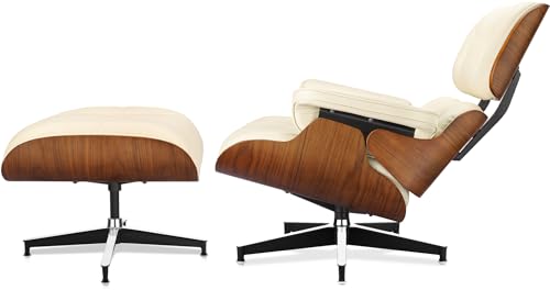 Image of Top Cream White Grain Leather, Mid Century Chaise Lounge Chair and Ottoman, Modern Chair Classic Design, Walnut Wood, Heavy Duty Base Support for Living Room Office